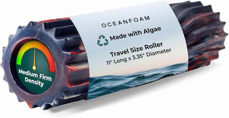 Oceanfoam Ripple Travel Foam Roller (11" x 3.35") Firm Mini Foam Roller for Physical Therapy, Deep Tissue Massage, Back Pain - High Density, Wave Textured - Yoga (Red, Dark Navy & Natural Marbled) - Image 1